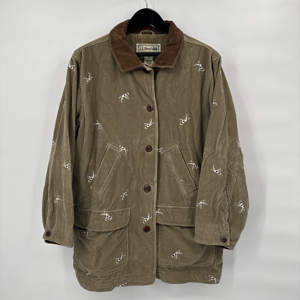 VTG LL Bean Corduroy Barn Jacket Womens 2XL Pointer Dogs Chore Khaki Hunting